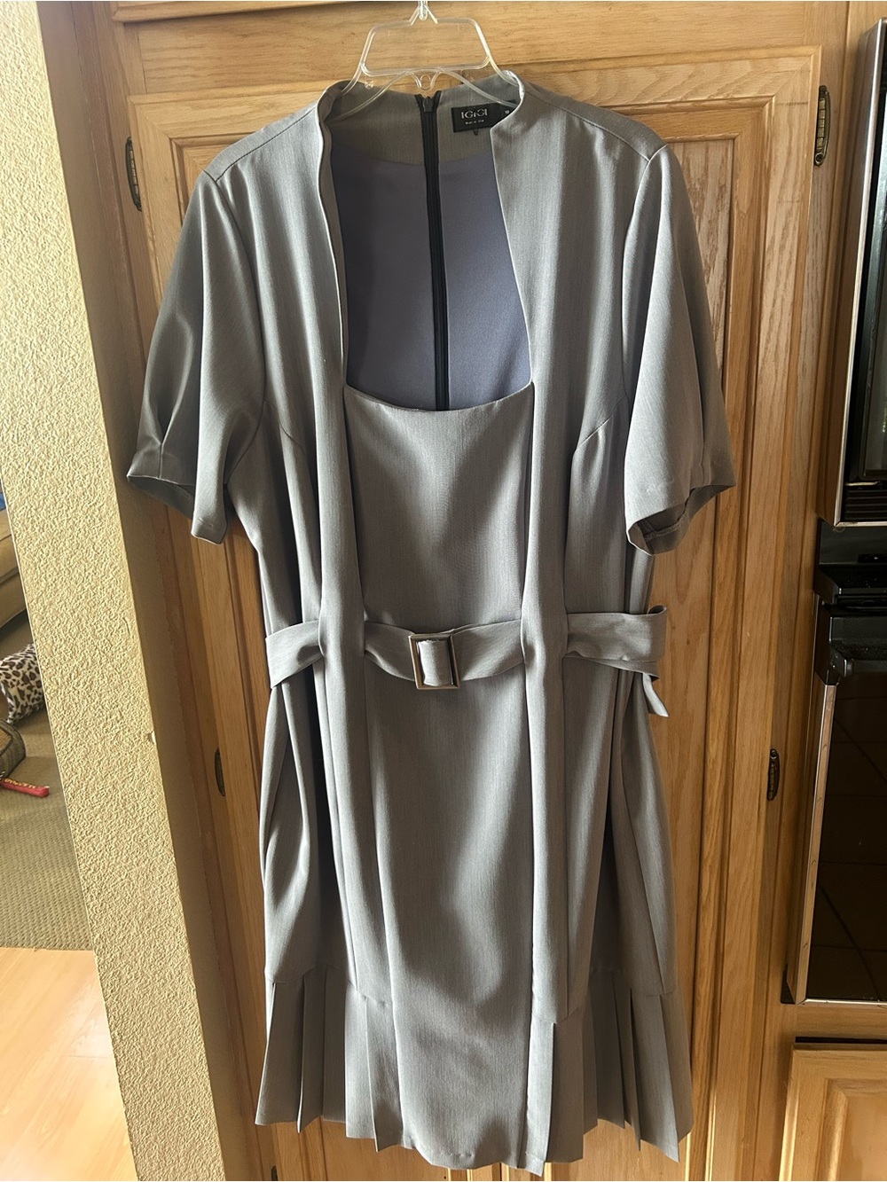 Igigi Gray soft stretchy Dress with Belted Waist. Back zipper.